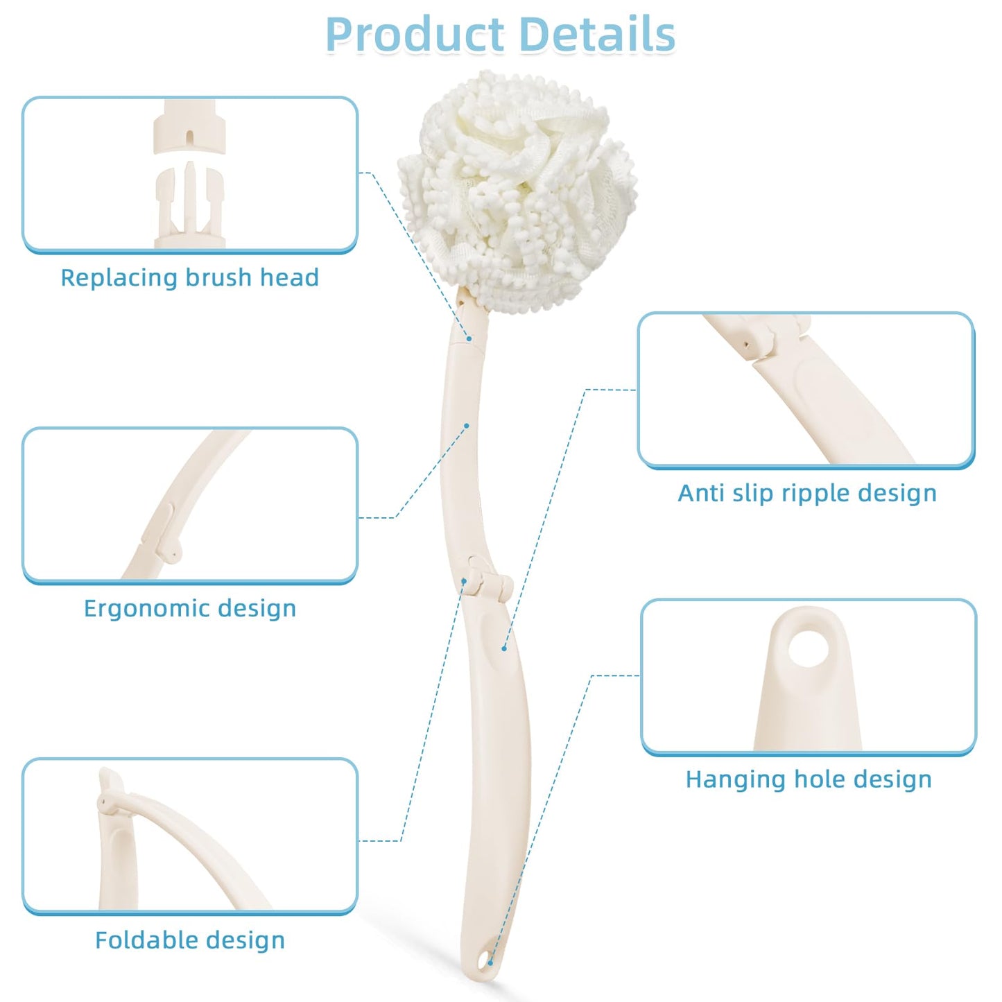 Topfinder Loofah Sponge with Handle,Back Scrubber Brush for Shower, Lotion Applicator for Back,3 in 1 Shower Kit (White loofah)