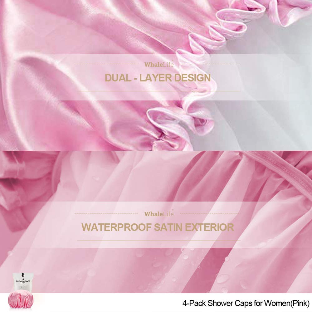 Shower Cap for Women Reusable Extra Large Shower Cap for Men (Pink 4 Pack Large) Satin Double Layer EVA Waterproof Long Hair Cap