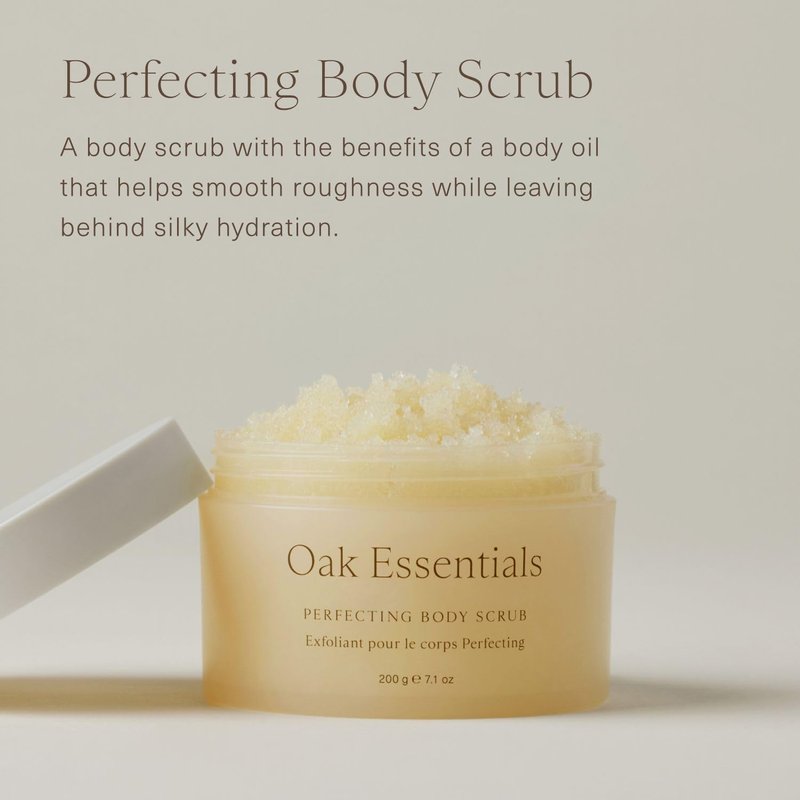 Oak Essentials Perfecting Body Scrub, Gentle Exfoliating Sugar Scrub with Coconut Oil, Argan Oil and Shea Butter, Hydrating Body Polish for Silky, Radiant Skin, 7.1 Oz