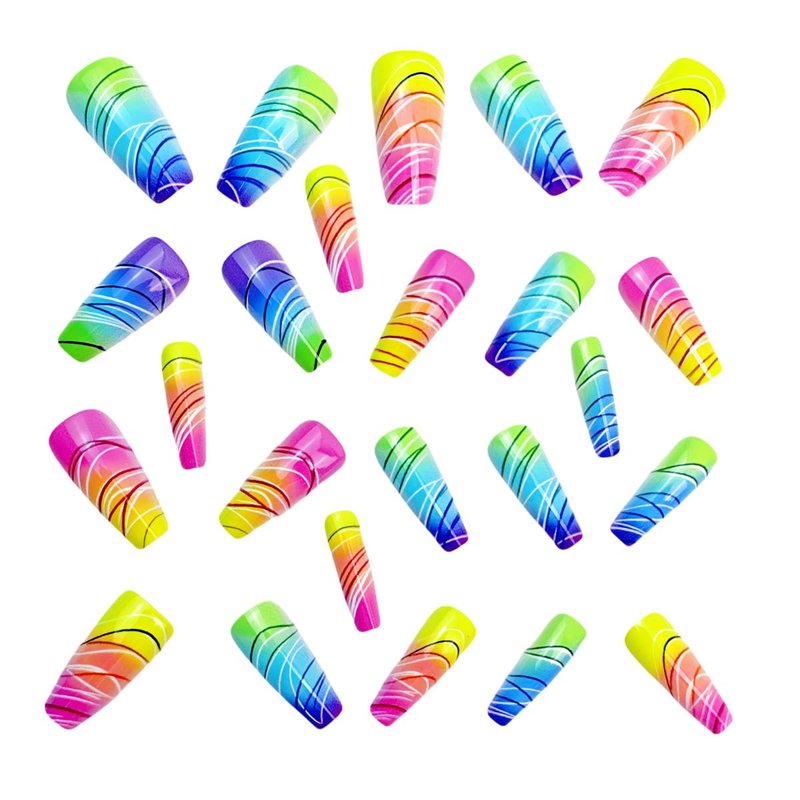 Colorful Gradient Press on Nails Medium Coffin Shaped Fake Nails with Rainbow Color Designs Square Press on False Nails Glossy Acrylic Nails Spring Summer Stick on Nail Art for Women Girls 24Pcs
