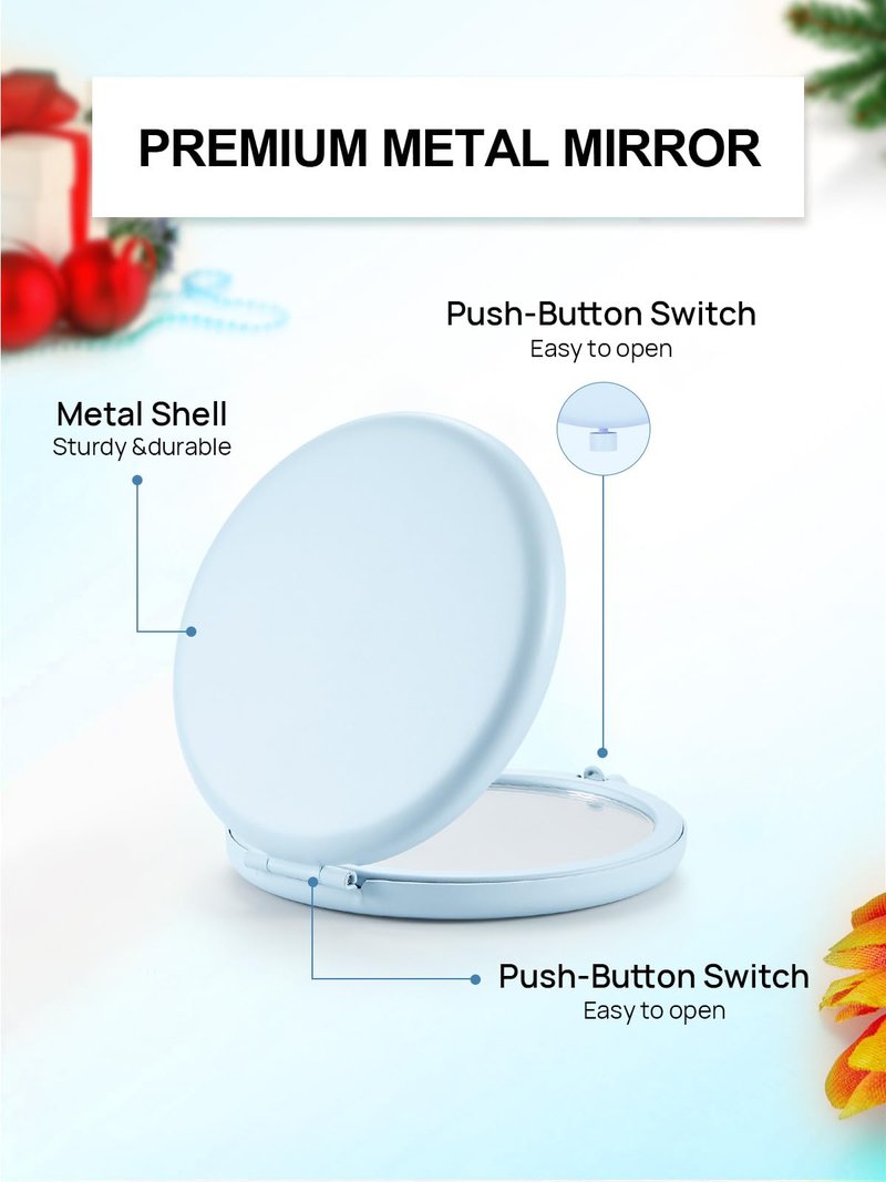 Getinbulk Compact Mirror for Purse, Double-Sided 1X/2X Magnifying Metal Pocket Makeup Mirrors(Round, Light Blue)