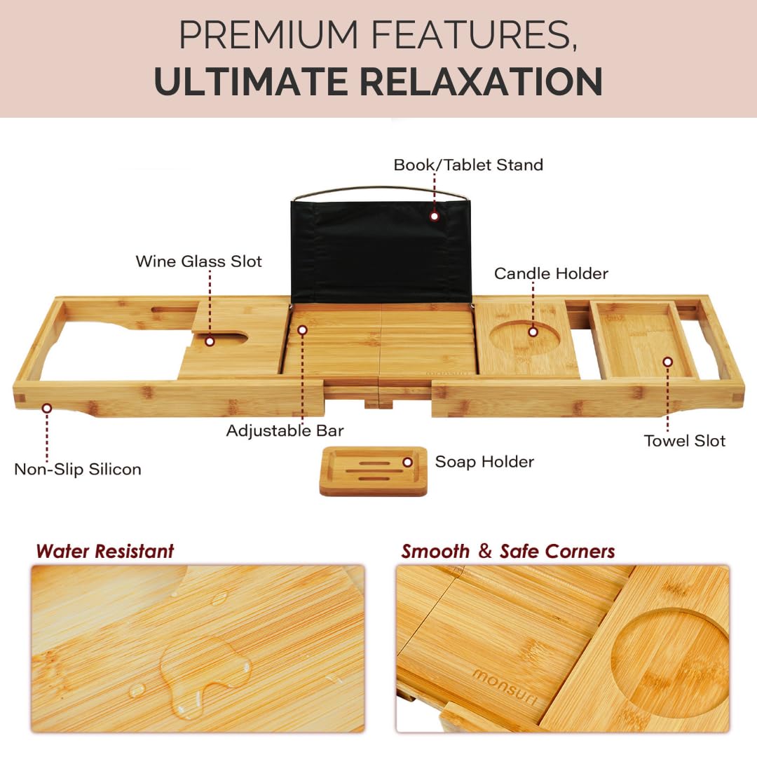 Foldable Bathtub Tray Caddy - Expandable Bath Tray for Tub | Secure, Non-Slip Bathtub Caddy for Tub for Bath Accessories, Self Care Home Spa Gift Set, Relaxing Gifts for Women, New Moms, House Warming