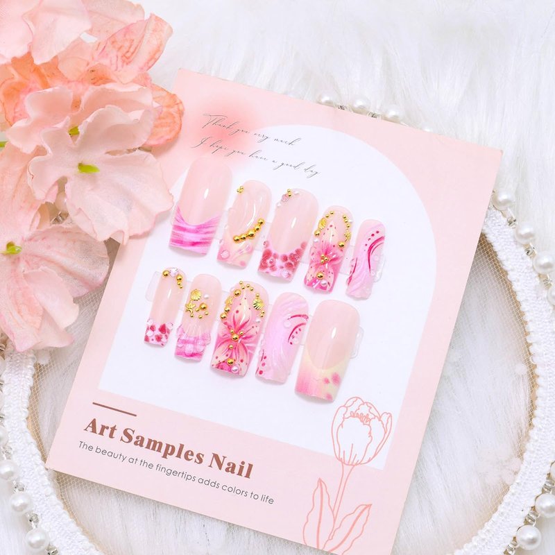 24Pcs Summer Starfish Press on Nails Long Square Fake Nails 3D Pink Floral with Gold Rhinestones Cute Design Ocean Beach Glue on Nails Acrylic French Tip False Nails Stick on Nail for Women Manicure