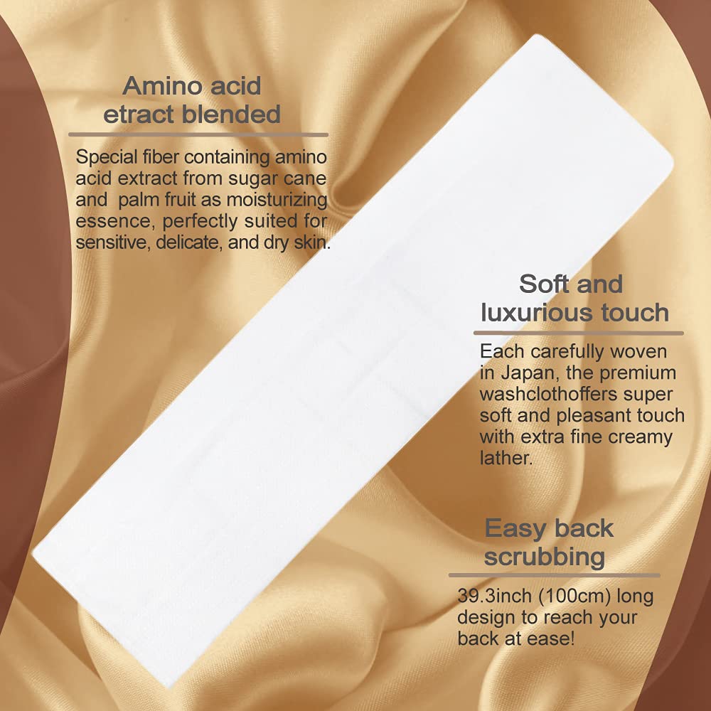 Super Soft Exfoliating Washcloth [Made in Japan] Shower Back Scrubber with Amino Acid Extract Blended as Moisturizing Essence, Exfoliating Towel for Sensitive Skin (Amino Acid Blended)