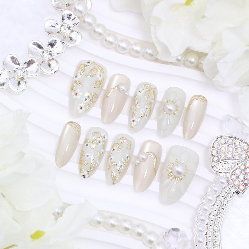 Handmade Press-On Nails - 30 Pcs Medium Almond Shape with 3D Flower & Chrome Gold Foil | Reusable Acrylic Full Cover in Nude White