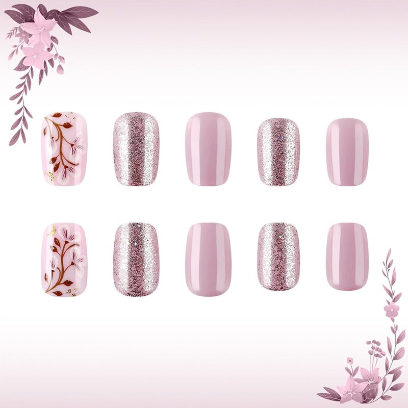 Skiennix Acrylic Press-On Nails - Cute Purple Glitter Flower Bud Design | 24 Pcs Full Cover Set