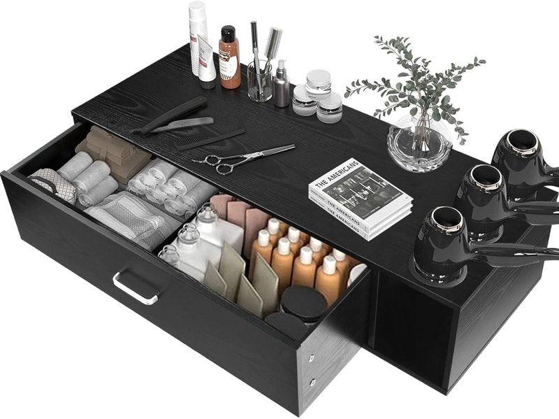 4ever2buy Wall Mount Salon Station, 36" Black Barber Station Organizer with Drawer and Shelves, Hair Salon Station with 3 Dryer Holders, Salon Station Wall Mount for Hair Stylist