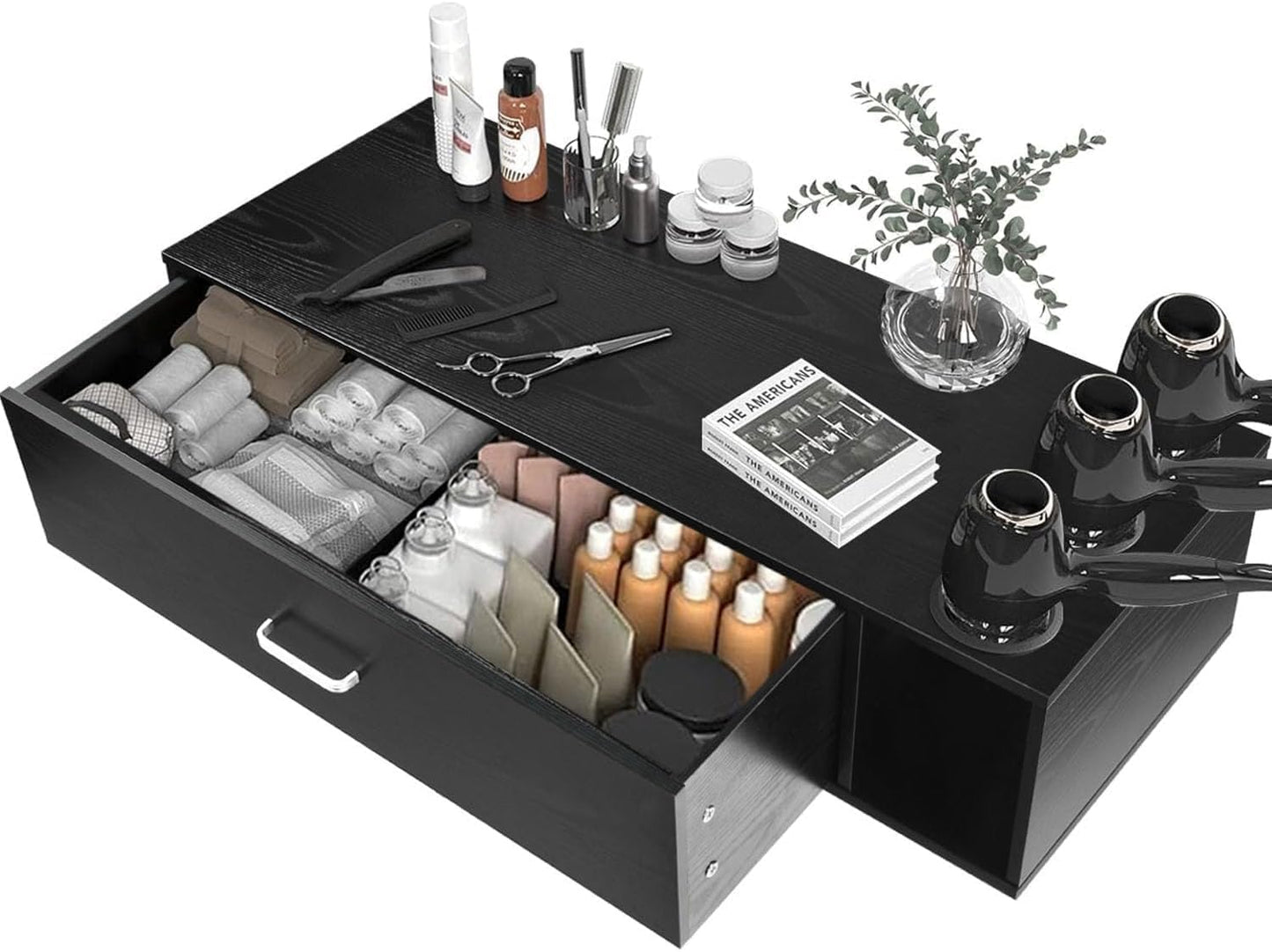 Wall Mount Salon Station - 36" Black Barber Organizer with Drawer & 3 Dryer Holders | Hair Stylist Storage Solution