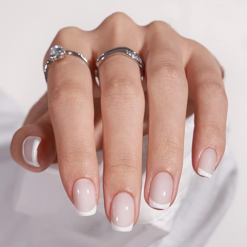 BTArtbox Press On Nails - Classic White French Tip Square Nails | 30-Piece Glue-On Kit in 15 Sizes for Weddings