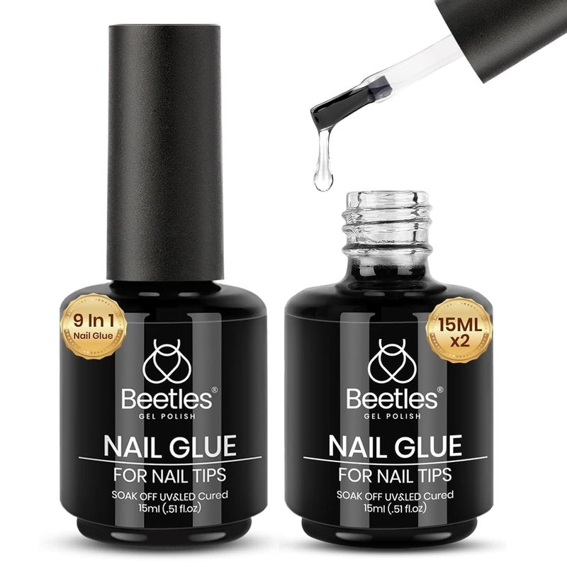 beetles Gel Polish 9 In 1 Gel Nail Glue for Clear Acrylic Nail Tips 2 Pcs 15ml Long Lasting Nail Gel Kit for False Nails Tips, Base Blooming Nail Gel, U V Light Required, Gift for Women