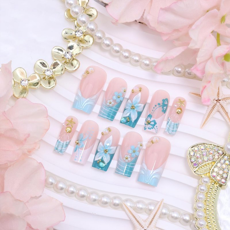 24Pcs Blue Flower Press on Nails Long Square Fake Nails 3D Floral Hibiscus with Gold Starfish Rhinestones Cute Design Spring Summer Glue on Nail French Tip False Nails Stick on Nail for Women Manicure