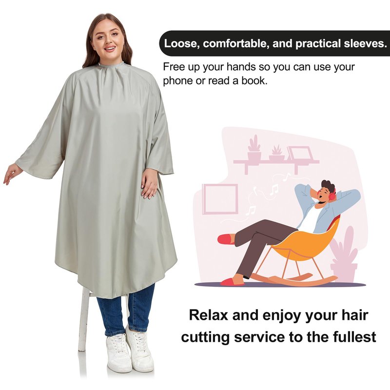 PERFEHAIR Professional Barber & Salon Cape with Sleeves | Large Hair & Water Repellent Cutting Cape with Adjustable Snaps | Lightweight for Adults, Men & Women, Warm Grey