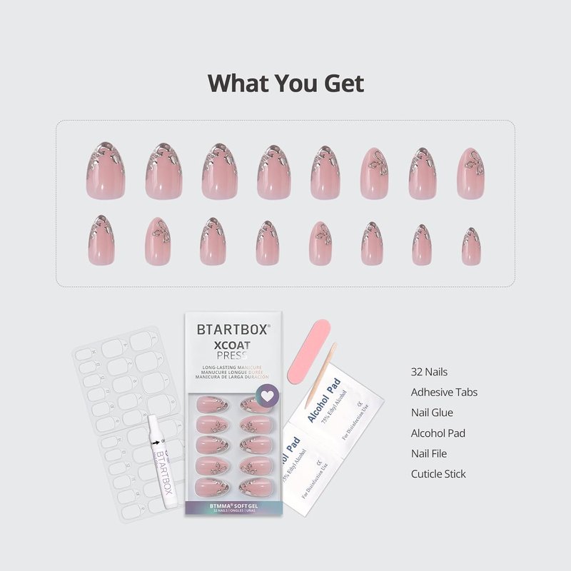 **Press On Nails - Frost Glam Almond Shape with 3D Silver Flowers | 32 Soft Gel Kit in 16 Sizes**