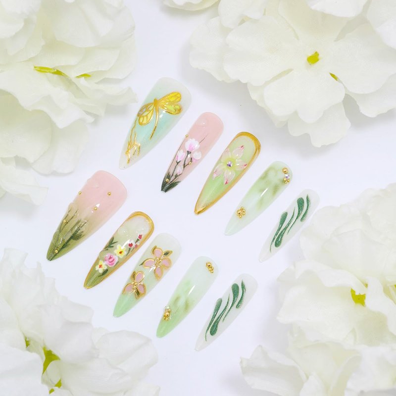 24Pcs Green Press on Nails Long Stiletto Fake Nails 3D Pink Flower Dragonfly with Gold Beads Glitter Designs Spring Summer False Nails Cute Stick on Nails for Women Acrylic Manicure Salon Decorations