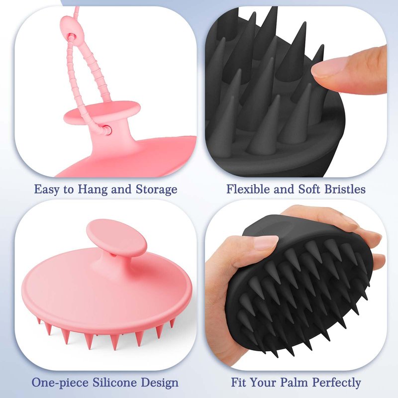 Manmihealth Large Hair Scalp Scrubber, One-piece Silicone Scalp Massager for Wet Dry, Long Bristles Shampoo Brush for Dandruff Removal and Hair Growth with Free Strap&Hook.(Black+Pink)