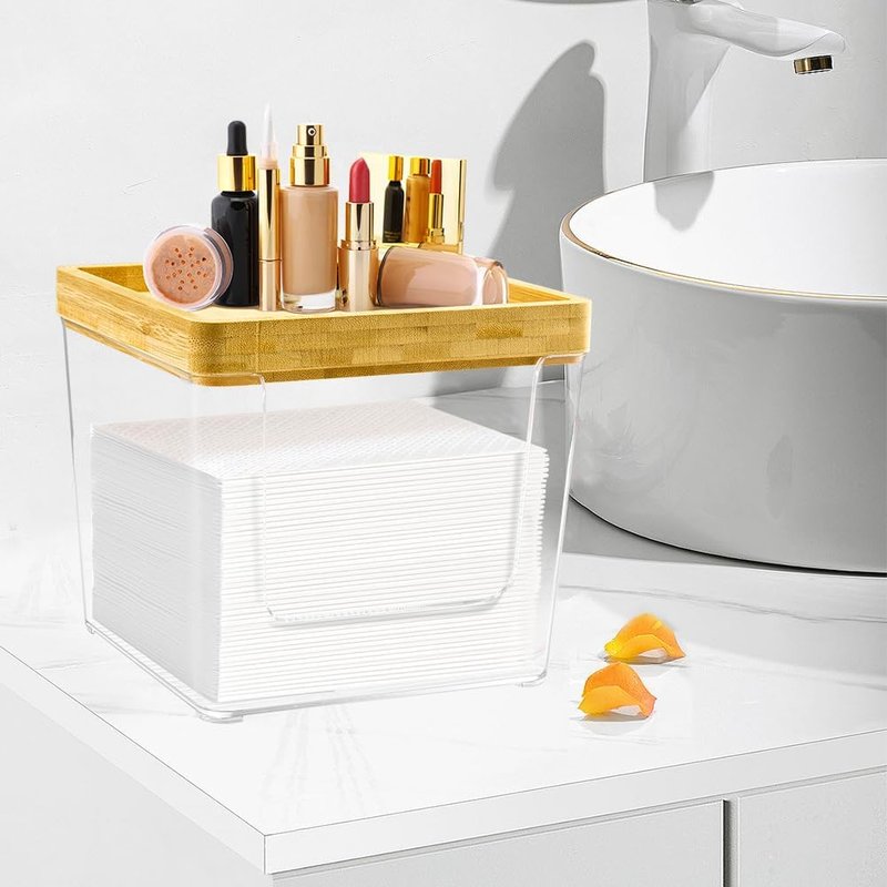 GRETJOB Acrylic Face Towel Holder Box - XL Storage Container with Bamboo Lid for Bathroom & Vanity