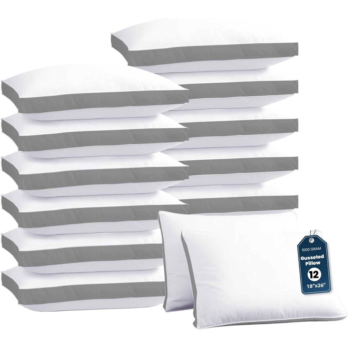 GOLD TEXTILES Bulk Pillows Queen Size Set of 12 (18x26 Inches) - Gusseted Hotel Bed Pillow Polycotton Fabric- Plush Fiber Filling for Back & Side Sleeper, Easycare (Grey)