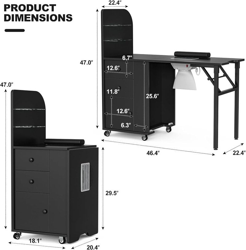 Skiennix Foldable Nail Desk - Portable Manicure Table with Dust Collector & Storage | Lockable Wheels