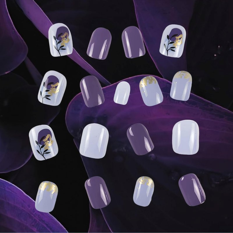 HZJXRT Acrylic Fake Nails - Short Square Black Leaf Design | 24 Pcs Glossy Gold Foil Press-On Nails for Women