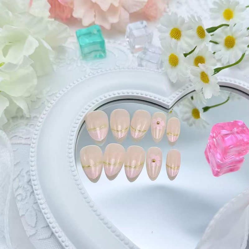 Nude Pink Press on Nails Short Almond Fake Nails with 3D Flower & Gold Line Accents Glossy French Tip False Nails for Daily Wear, Wedding & Date Night, Reusable 24Pcs Nail Kit for Women