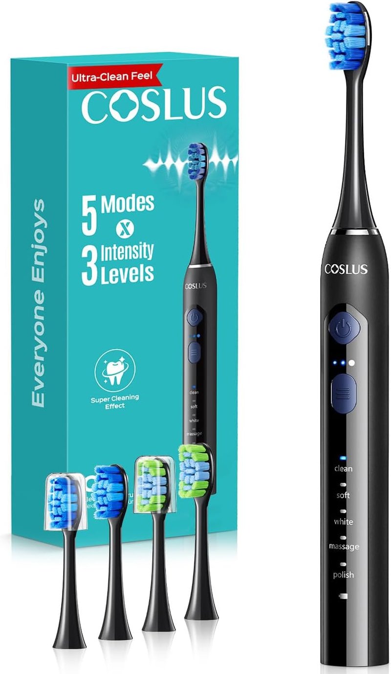 COSLUS C30 Electric Toothbrush - 3 Intensities & 5 Modes for Gentle Ultra-Clean Feel | Black, 1PC