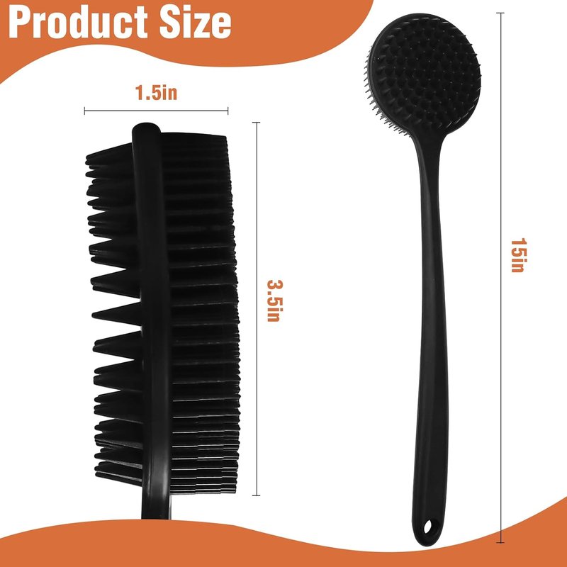 Silicone Body Scrubber - Dual-Sided Exfoliating Shower Brush for Men & Women | Long Handle, Includes 1 Hook & 2 Lather Balls - Black