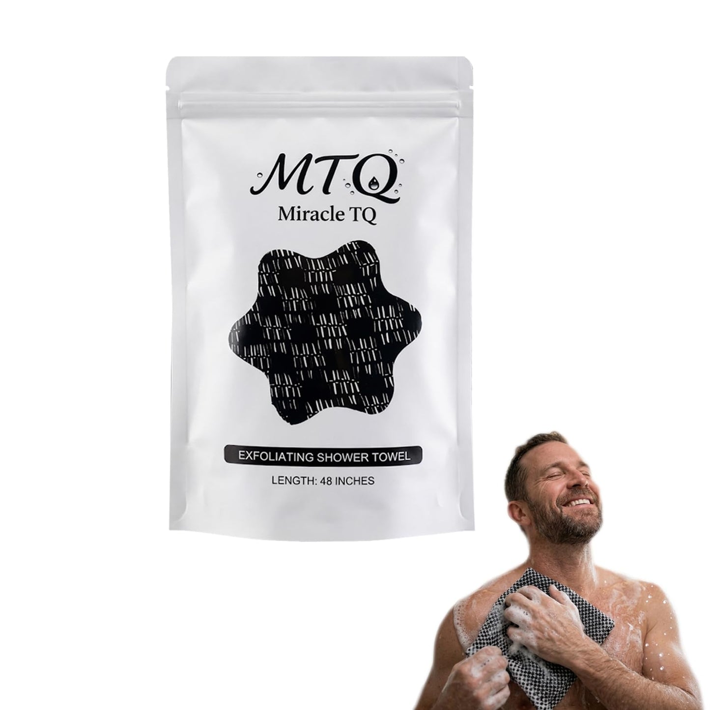 Miracle TQ Exfoliating Shower Towel 48" Dual-Sided Washcloth, Body & Back Scrubber w/Hexagon Woven, Silver Ion, Carbon Fiber, Deep-Cleansing, Quick-Drying, Rip-Resistant, All Skin Types (Black（1PC）)