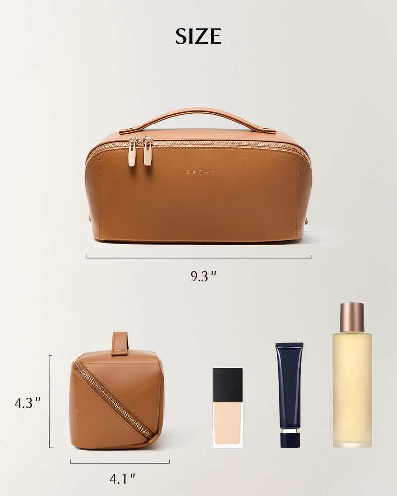 EACHY Travel Makeup Bag, 2.0 Cosmetic Bag for Women, Waterproof PU Leather,Flat Open Portable Toiletry Bag for Skincare, Brushes & Travel Essentials