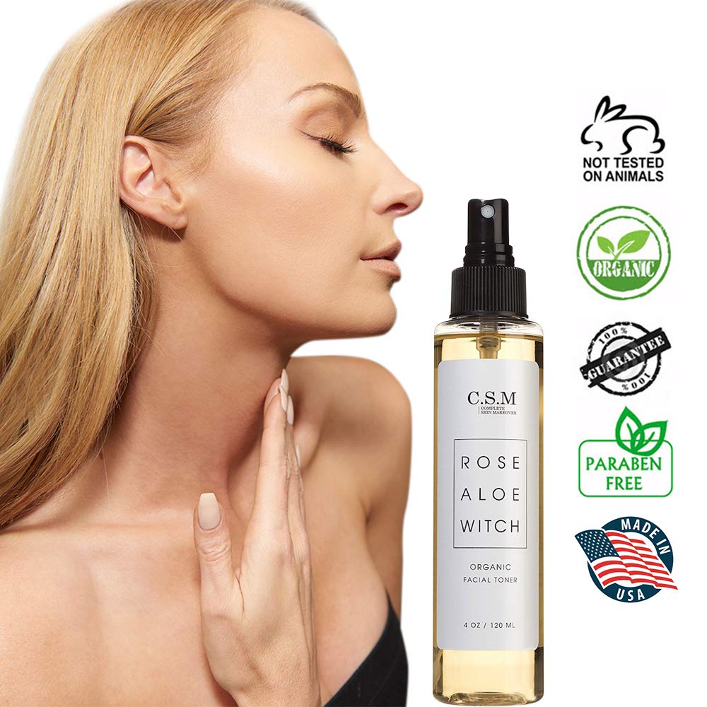 CSM Organic Alcohol-Free Witch Hazel Face Toner with Rose Water, Aloe Vera - Minimizes Pores, Soothes Skin for a Fresh, Clear Complexion - Easy Mist Spray - RAW Facial Toner - Made in the USA