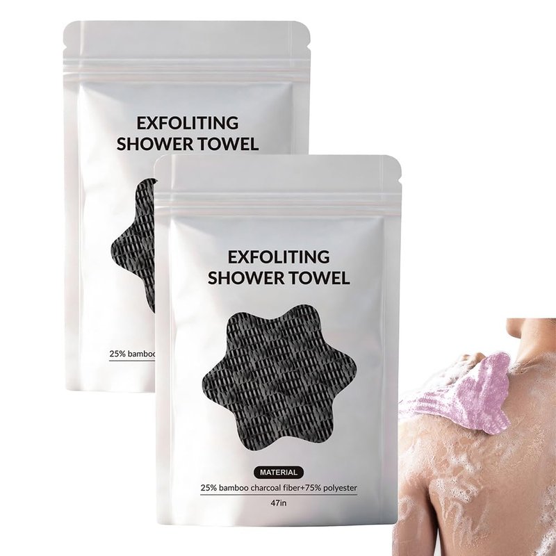 2PC Exfoliating Shower Towel 47" 2-in-1 Exfoliating Towel, Deep Exfoliating, Premium Scrub Wash Cloth for Body & Face, Sides Shower Washcloth for All Skin Types Woman and Men (2 Pieces in Black)