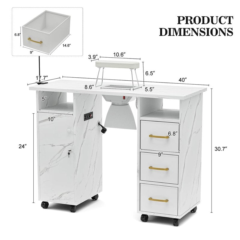 Manicure Table Nail Station - Marbling Texture with Charging Station, Dust Collector, LED Lamp | White