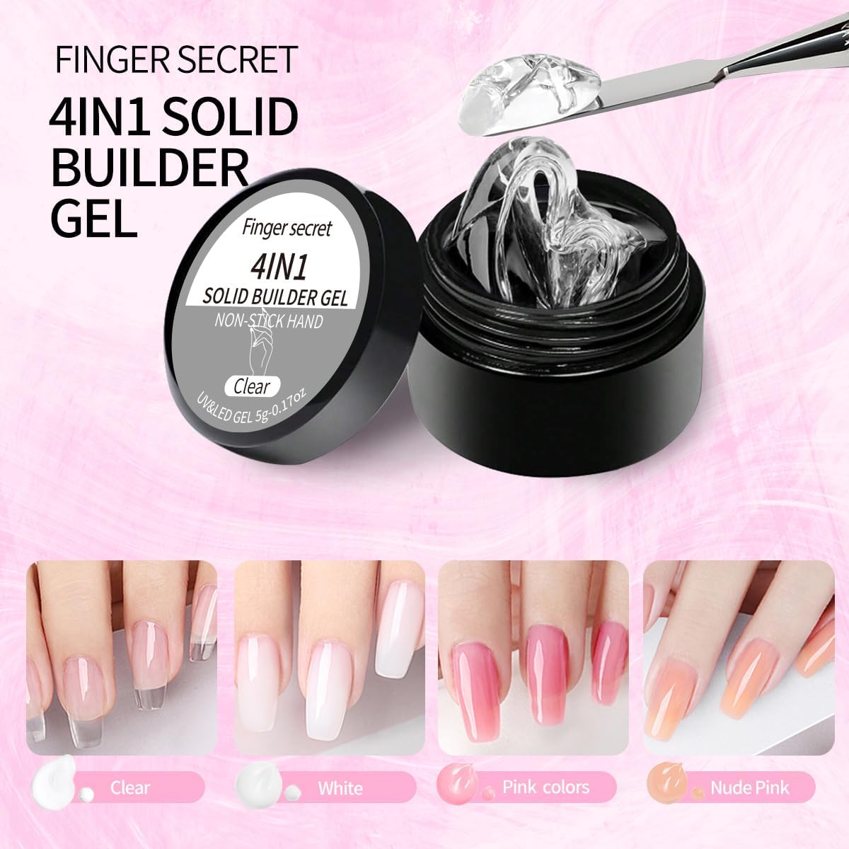 Solid Builder Gel for Nails Hard Gel 4 in1 Clear White Non-sticky for Nail Extension with Art Tools for DIY Nail Thickening Solution 5g
