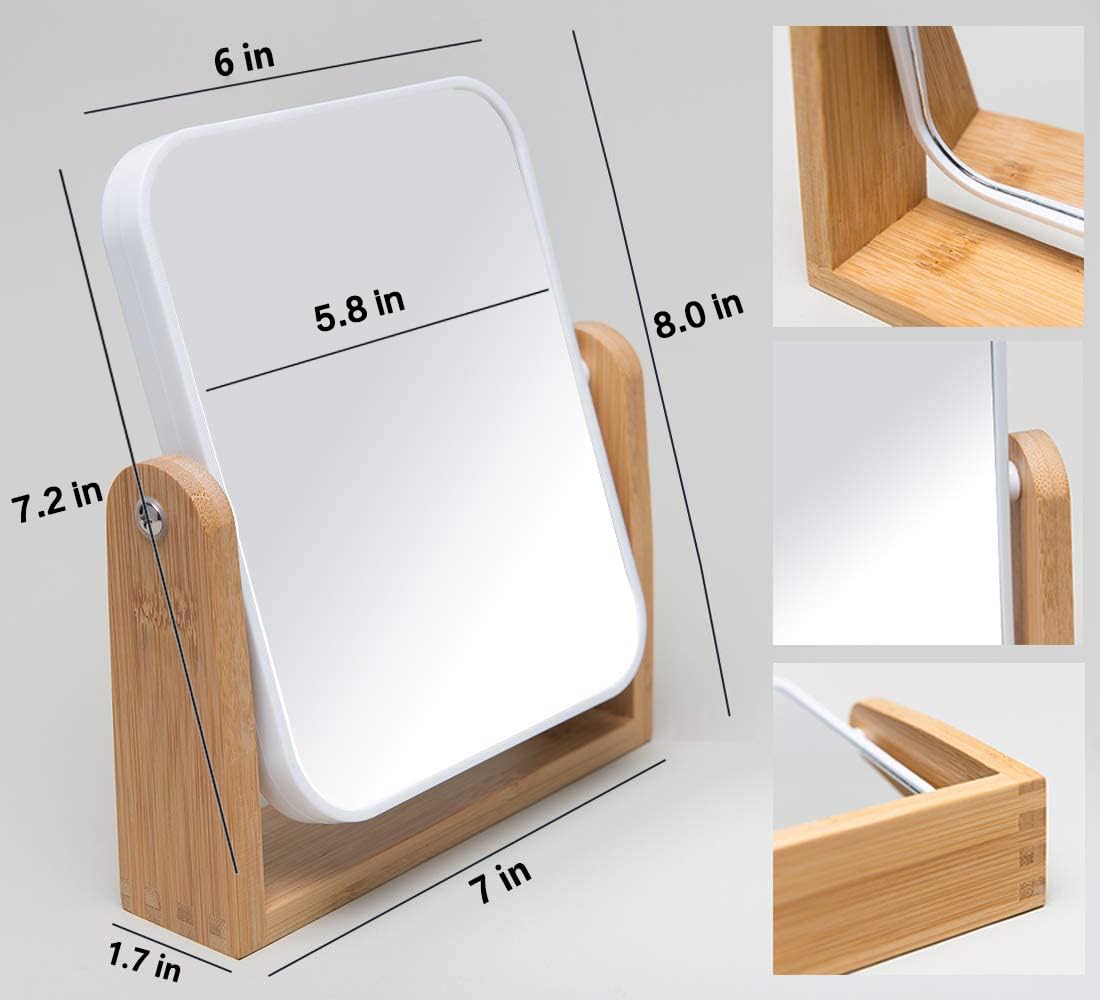 YEAKE Vanity Makeup Mirror with Natural Bamboo Stand, 8 Inch Double Sided 360 Degree Swivel Magnifying Mirror for Table, Desk, Countertop Shaving Make Up