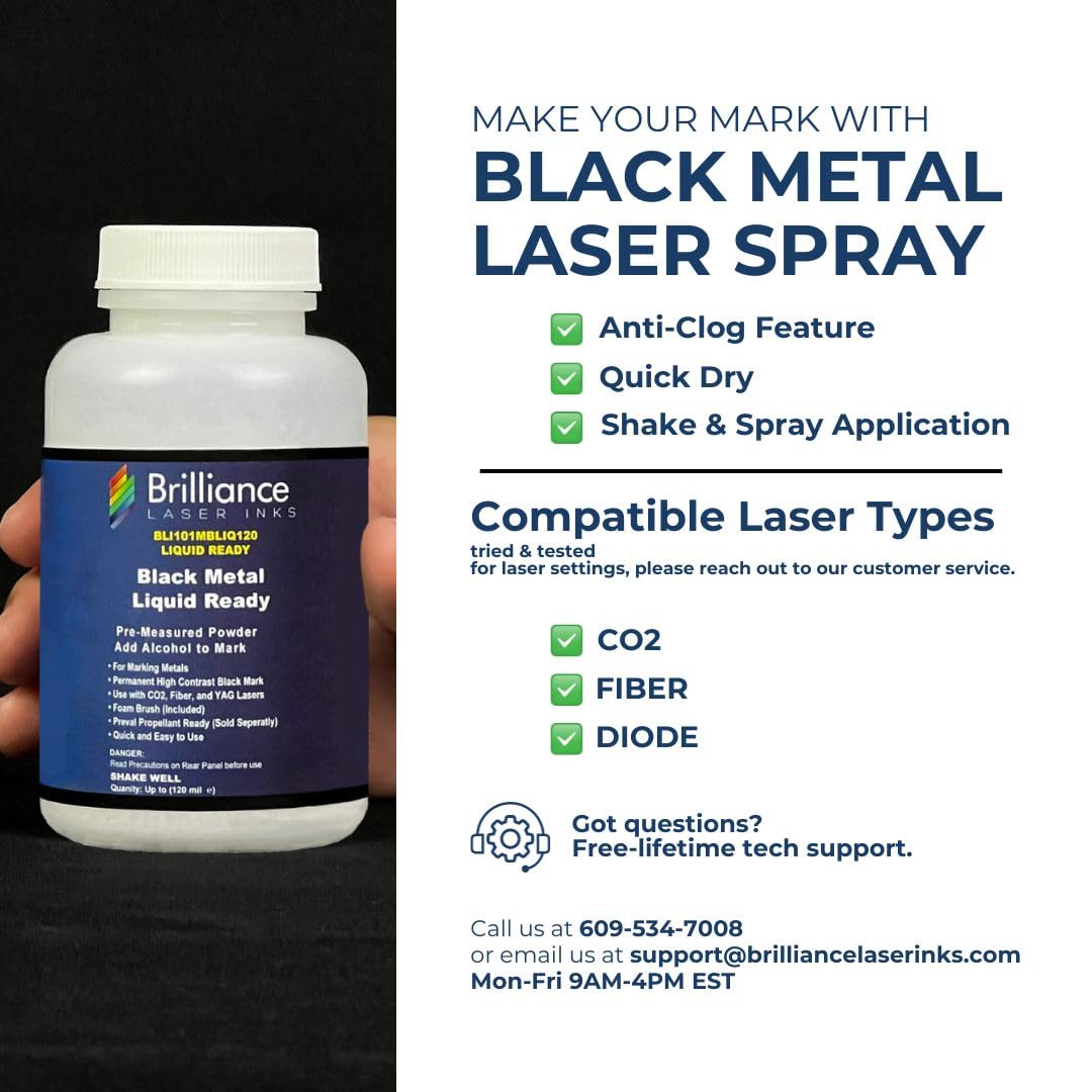 Liquid Ready Laser Marking Powder-Brilliance Laser Inks -BLI101MBLIQ120- Black Laser Ink for Metals Marking with CO2/Fiber/YAG (120 ml, Black)