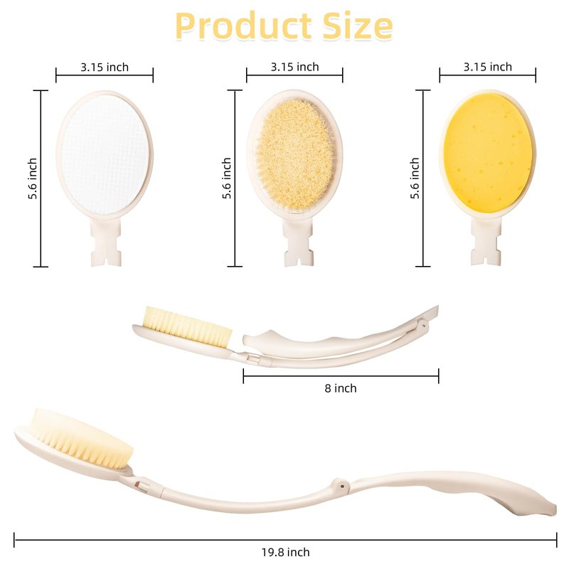LFJ 19" Long Handle Shower Sponge Brush Set, 3 in 1 Body Brush, Bath Sponge and Lotion Applicator Improved Skin Health, Suitable for Men and Women (White Brush-2P)
