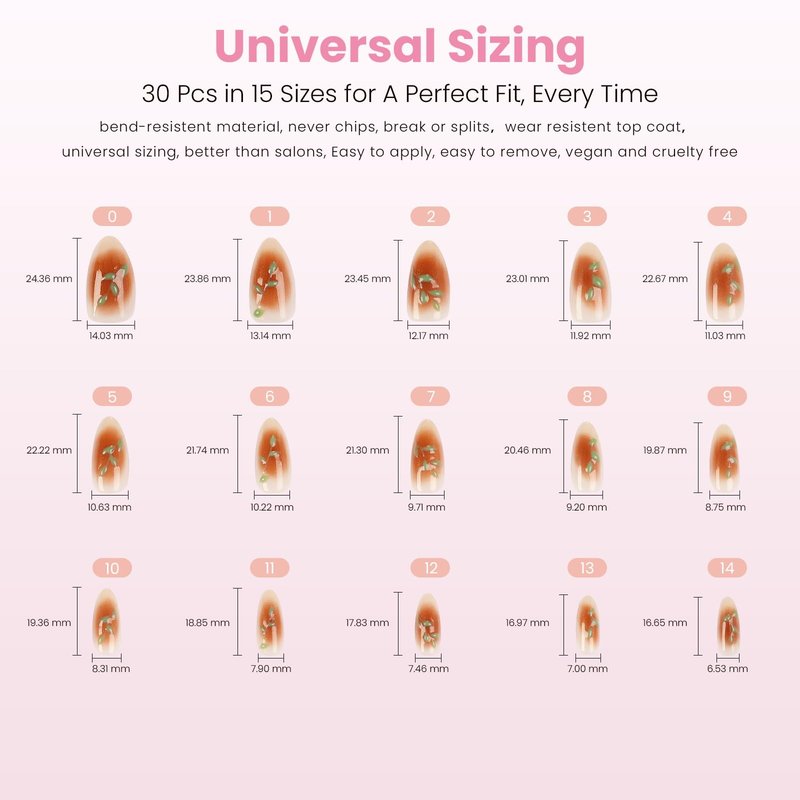 Nail Reformation Press On Nails, Rose Gold Foil Medium Almond Fake Nails in Brown Blush Shimmer with Glossy Finish, Reusable Stick On False Nails in 15 Sizes - 30 Nail Kit with Glue, Gifts for Women