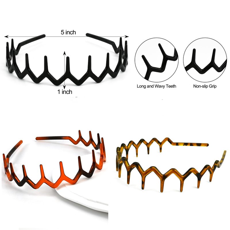PcwBcn Zig Zag Headbands for Women, Plastic Wavy Hair Band with Teeth Comb Classic 90s Hair Accessories for Face Washing Skin Care Makeup Hair Holder Everyday Use Tortoise Brown Black Head Band