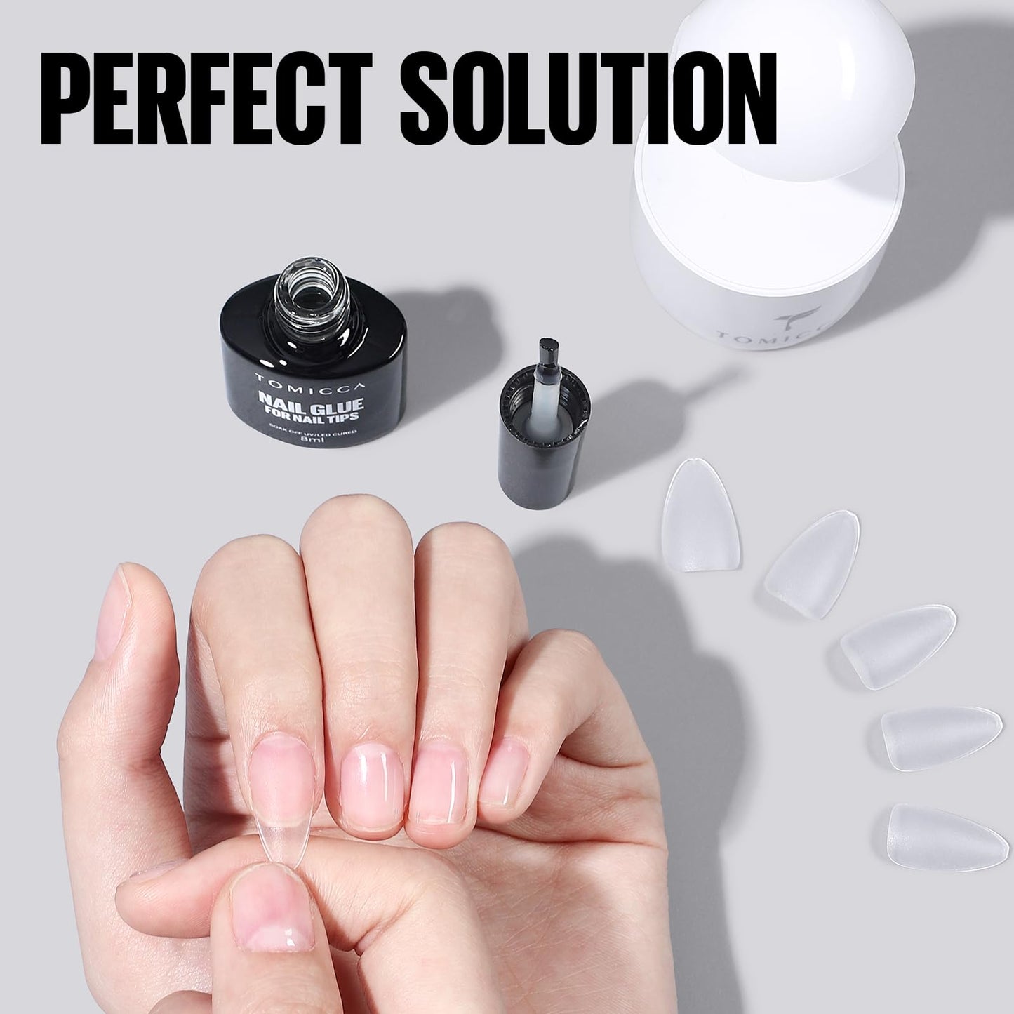 TOMICCA 6 in 1 Brush On Nail Glue for Press Ons 8ml Strong Gel Nail Glue for Nail Tips Lamp Curing Needed UV, DIY Home Salon Use