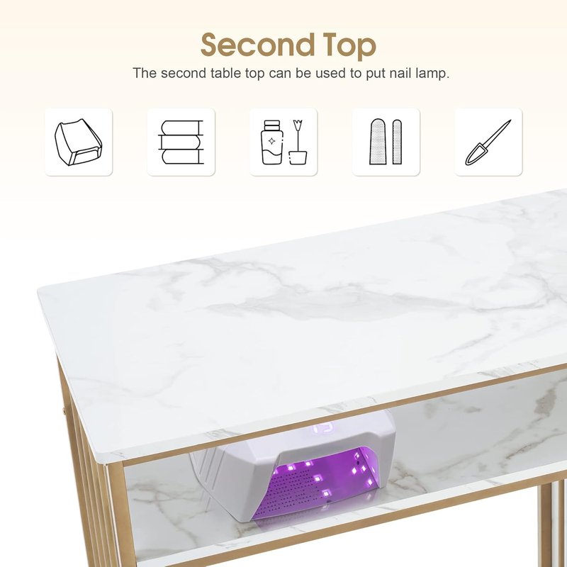 BarberPub Manicure Table - Elegant Golden & Marbling Nail Desk with Storage Drawers | Home Salon Spa Equipment