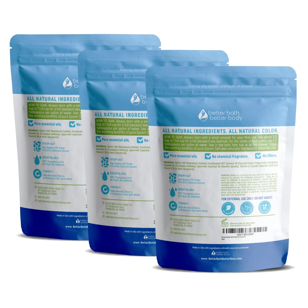 Stress Relief Bath Salt (3 Pack) Epsom Salt Relaxing Bath with Eucalyptus and Spearmint Essential Oils Plus Vitamin C Crystals in BPA Free Pouch Made in USA 2 lbs Pouches 6 Lbs Total