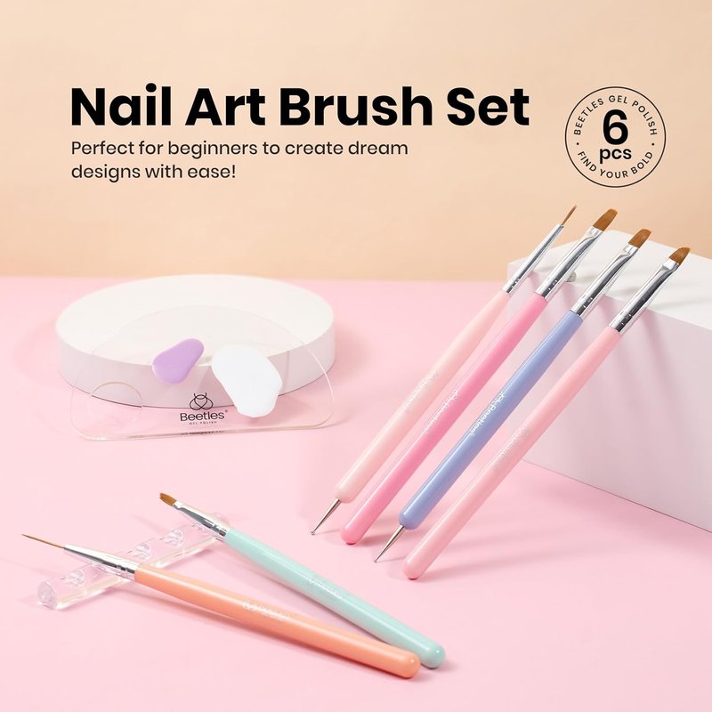 Beetles Nail Art Brushes - 6-Piece Double-Headed Dotting Tool Set for Precision Nail Design | Includes Holder & Palette