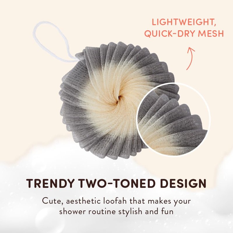Éclat Mesh Bath Sponge Loofah Ball, Soft Exfoliating Body Scrubber for Wash, Rich-Lather Nylon Net Puff with Quick-Dry Hanging Loop, Gentle Daily Cleanser (Orange/Grey, 2Pcs)