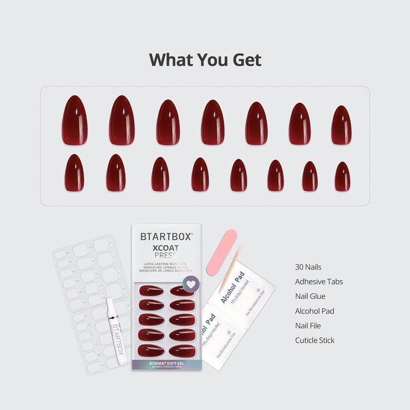 Press On Nails - Almond Shape Dark Red Medium Soft Gel | 32 Stick-On Nails Kit in 16 Sizes