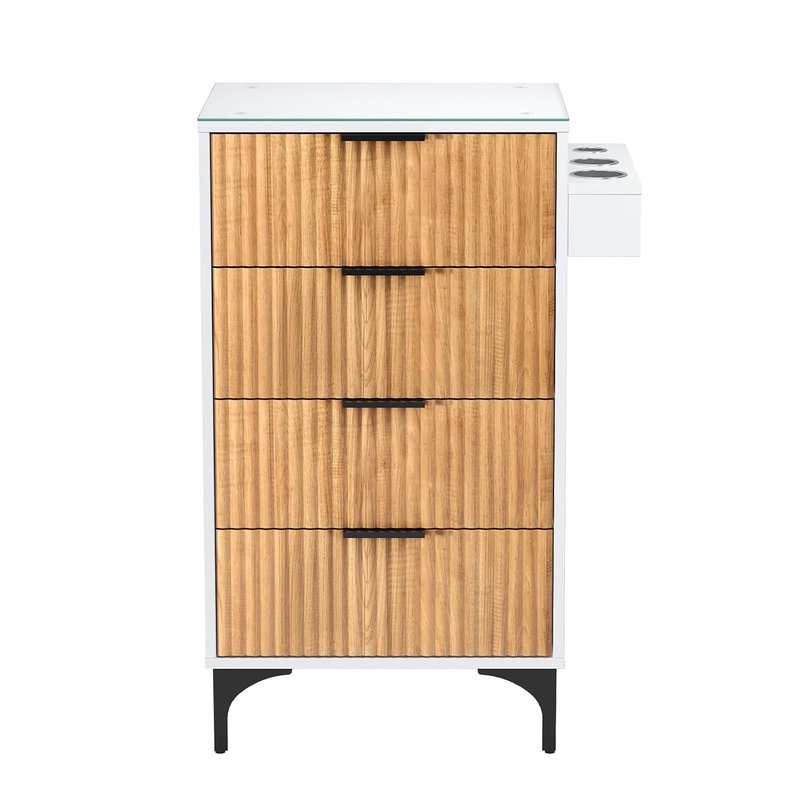 OmySalon Barber Station - Modern Retro Hair Stylist Storage Cabinet with Glass Top & Drawers | White