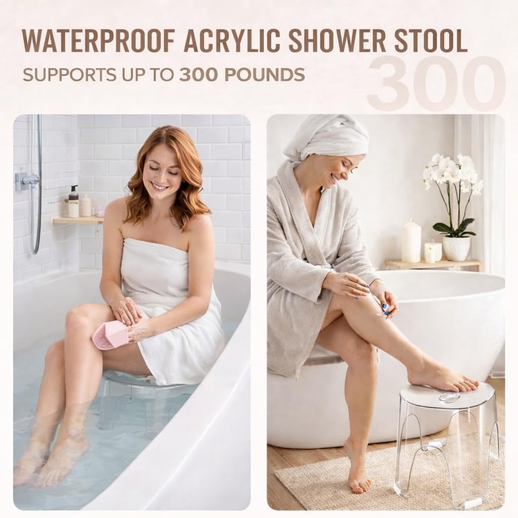 ZORAVIVE Acrylic Small Shower Stool for Inside Shower - Waterproof Bathroom Stool Clear Shower Stool for Shaving Legs, Corner Round Stool with Anti-Slip for Small Spaces, 300 lb, Tool-Free Assembly