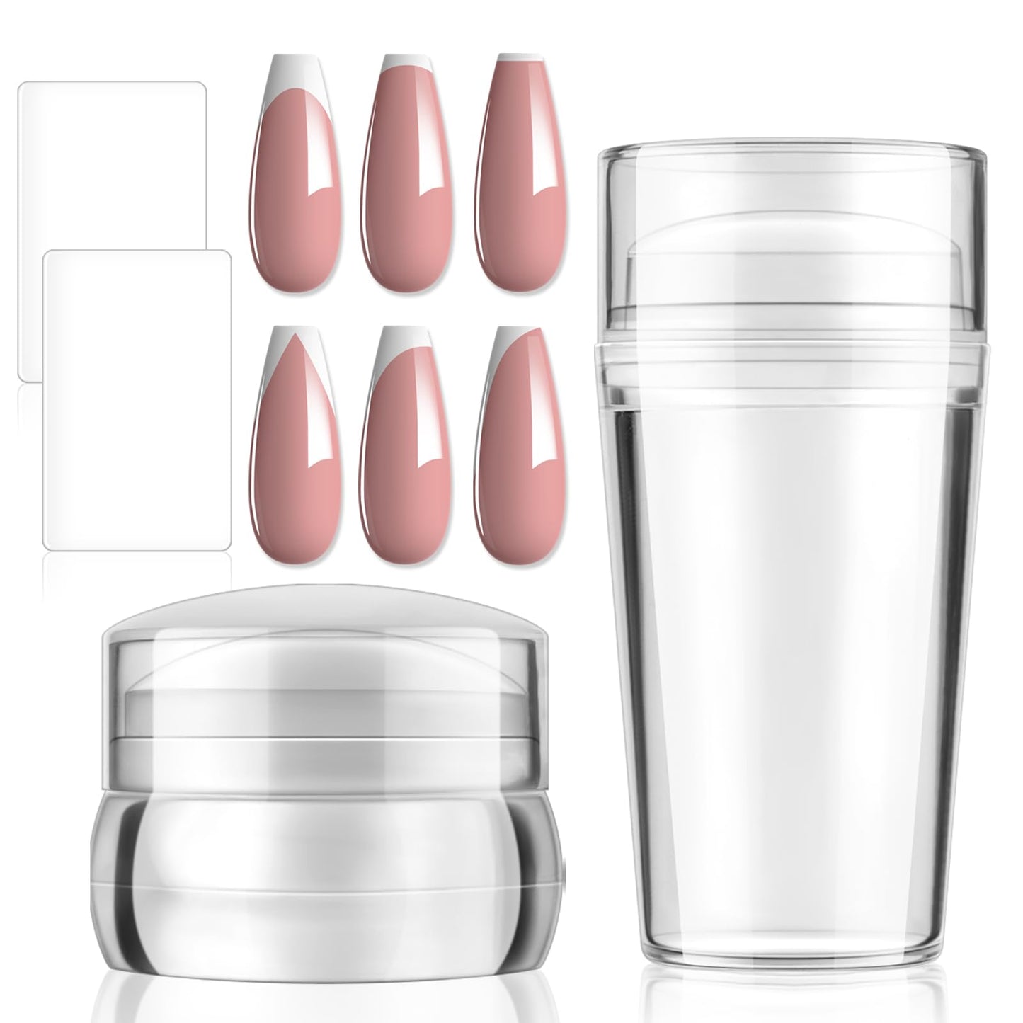 SUTOKAKA French Tip Tool- 4 Pcs Nail Stamper Kit Clear Silicone Nails Stamping Long & Short Jelly Stamper with Scrapers Nail Printing Tool for French Manicure Home DIY Nails Art Salon