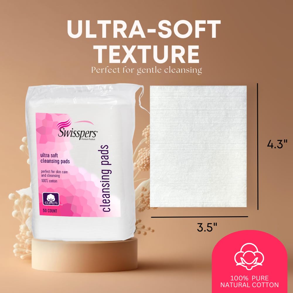 Swisspers Premium Facial Cleansing Pad, 100% Cotton, Ultra Soft, Extra Large, 50 White Pads per Reclosable Bag, 6 Bags (300 Pads Total)