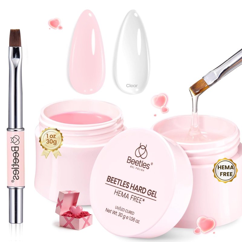 Beetles HEMA-Free Hard Gel for Nails-2 Pcs 1oz 9 in 1 Clear Jelly Pink UV/LED Lamp Cured Sculpting Stengthener Gel for Nail Extension & Nail with Flat Nail Brush for Manicurist Women