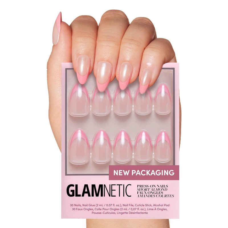 Glamnetic Press On Nails - Bubble Gum Glaze | Short Almond Pink French Tip Fake Nails with a Glaze Finish | 15 Sizes - 30 Nail Kit with Glue