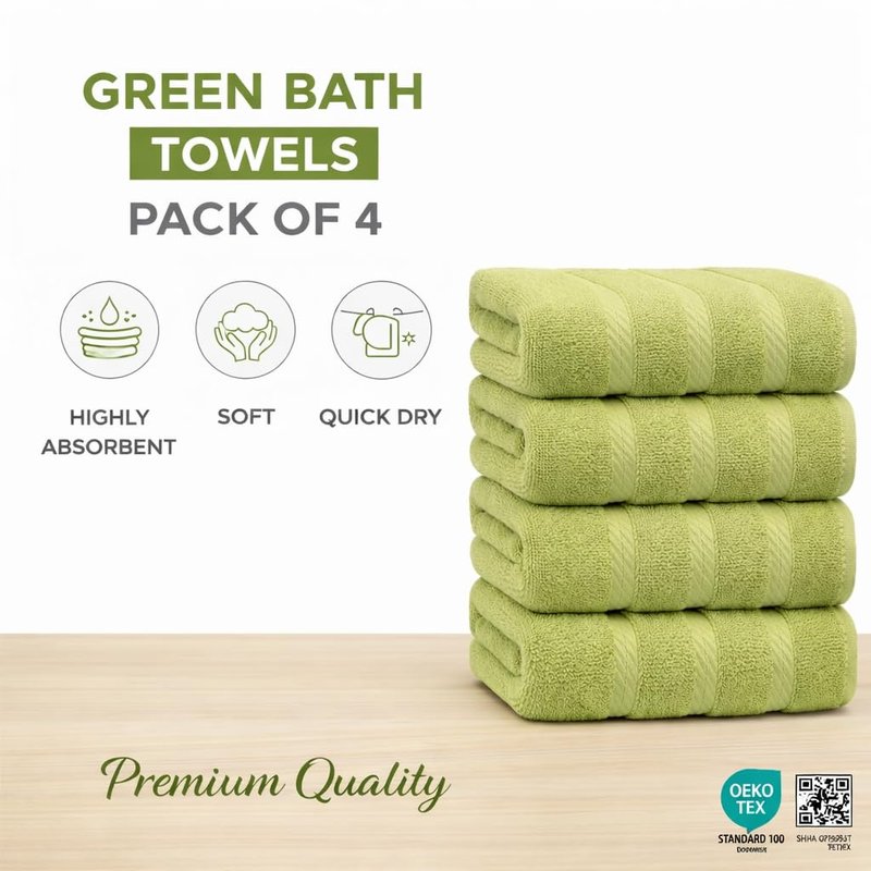 Bath Towels 27x54 – Pack of 4 | Soft & Quick-Dry | Highly Absorbent 100% Ring Spun Cotton Towels for Bathroom, Spa, Home & Hotel Use (Green)